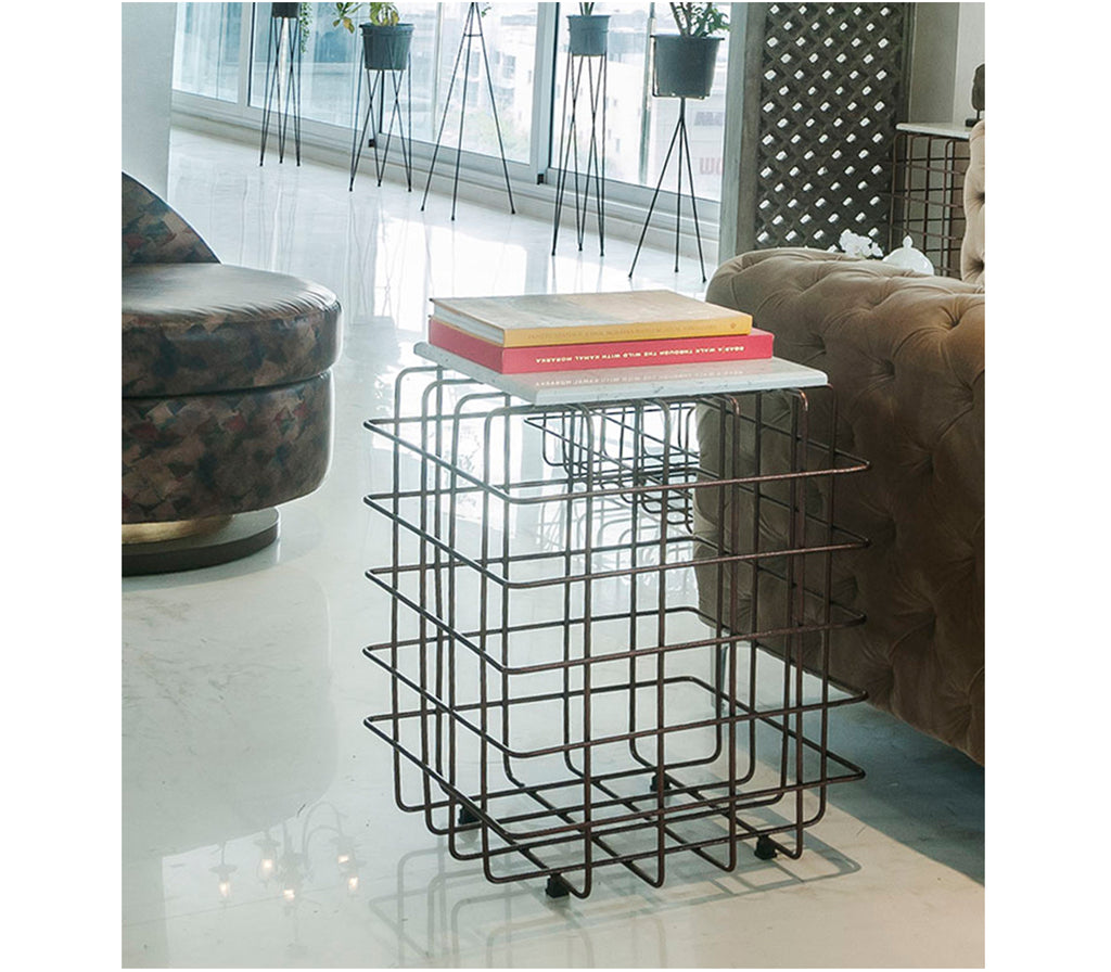 Mesh Metal Side Table in Antique Copper with Quartz Marble Top