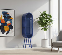 Oval Metal Cabinet with Internal Shelves for Storage/Bar in Matt Black/Oxford Blue