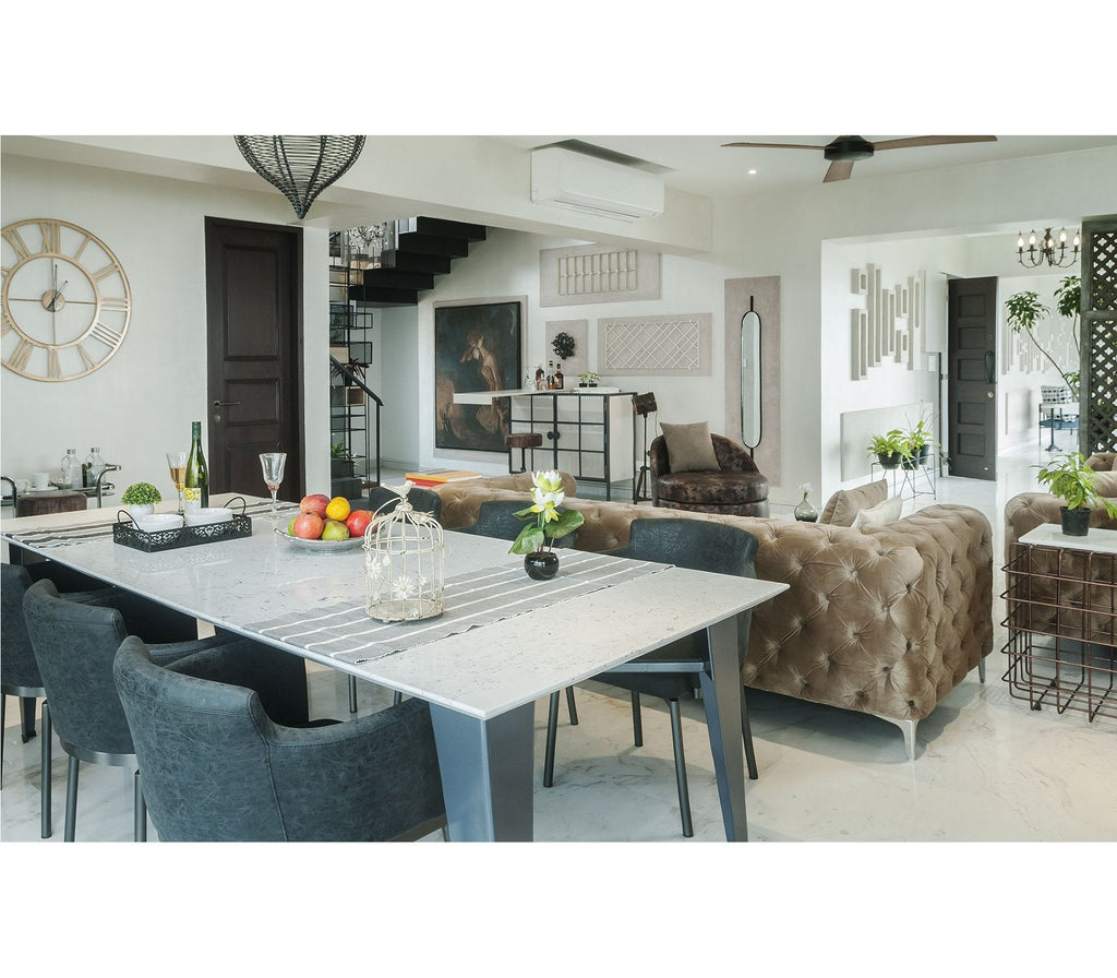 Casa Metal Dining Table in Graphite Grey Colour with White Quartz Marble - The Metal Project