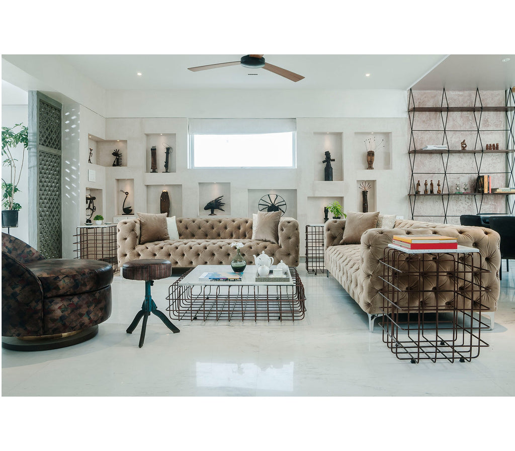 Mesh Metal Center Table in Antique Copper with Quartz Marble Top - The Metal Project