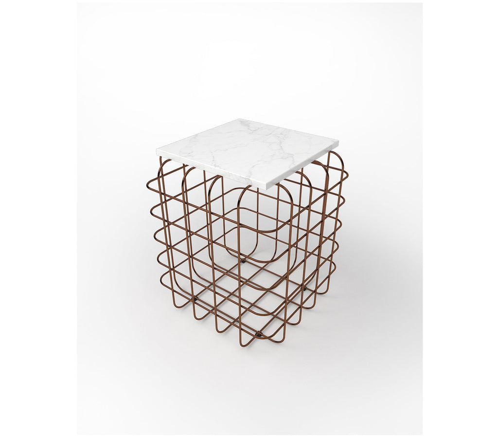 Mesh Metal Side Table in Antique Copper with Quartz Marble Top - The Metal Project